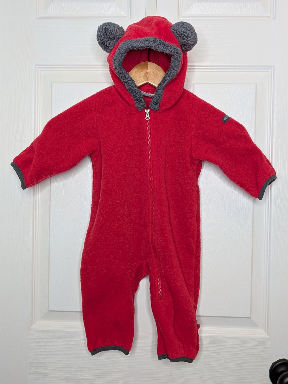 Columbia Red Fleece Onesie Jumpsuit Hooded Gray Trimmed Ears Size 3-6M Cozy